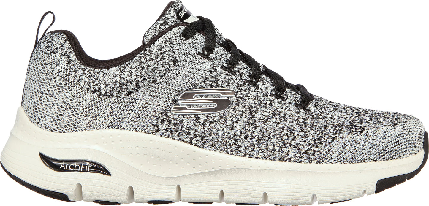 A grey and white walking shoe with black laces and a white sole with the word "Arch Fit" visible on the side.