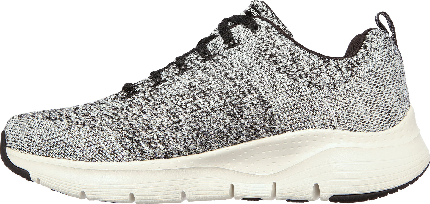 A low-top athletic shoe with a gray and black knit upper, black laces, and a white sole.