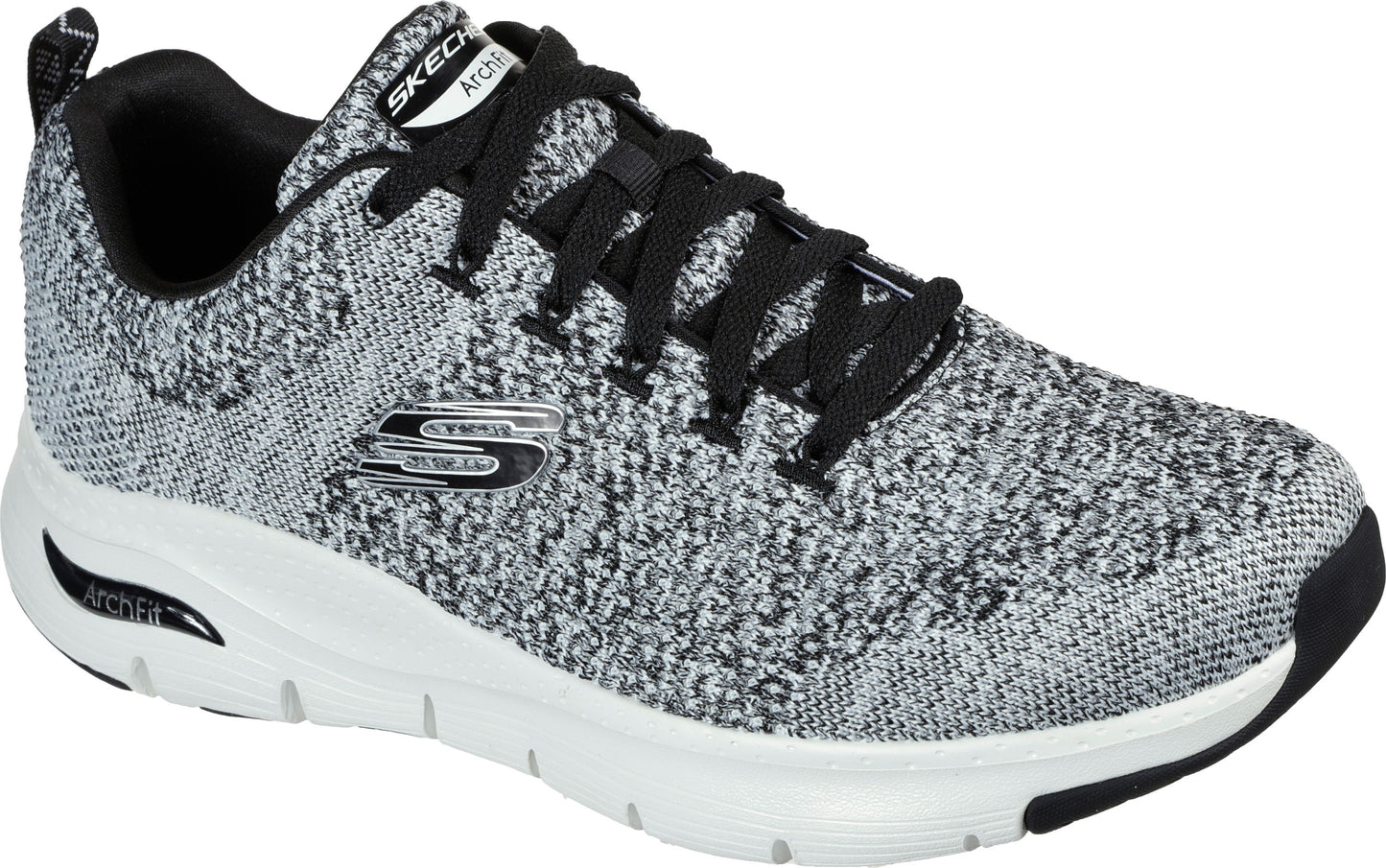 Low top athletic shoe featuring a black and gray woven fabric upper, black laces, a white midsole, and black details on the heel and tongue.