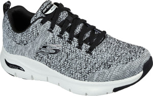 Low top athletic shoe featuring a black and gray woven fabric upper, black laces, a white midsole, and black details on the heel and tongue.