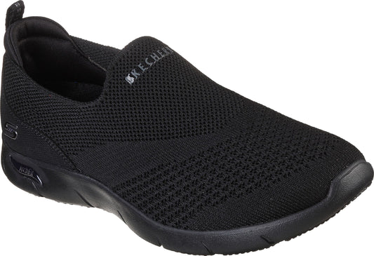 Black slip-on shoe with arch support and visible "SKECHERS" logo.