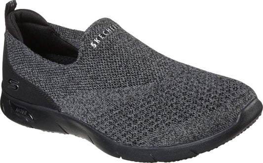 Gray knitted slip-on sneaker with a black sole and heel.