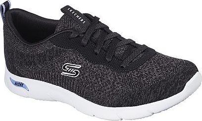 Knitted black and gray lace-up sneaker with a white sole and visible Skechers logo.