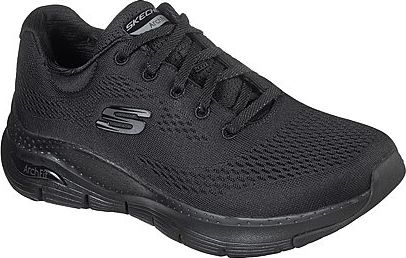 Black athletic shoe with black laces, and the word "SKECHERS" visible on the tongue.