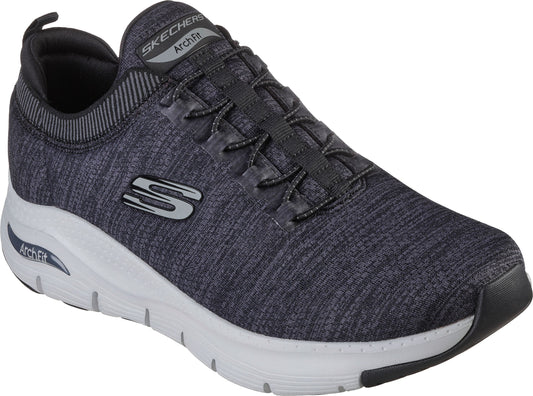 Gray athletic shoe with gray elastic laces and a white arch support.