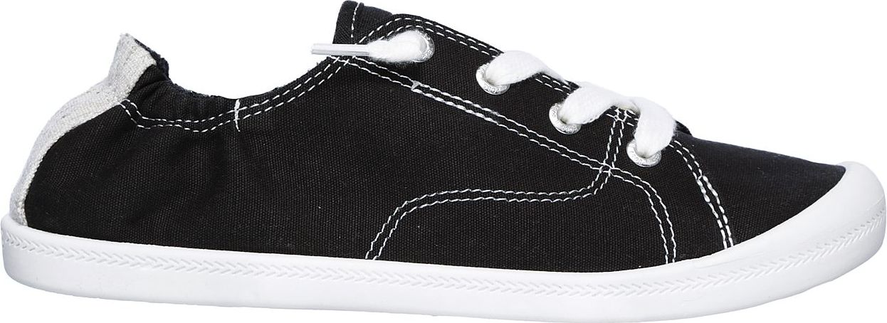 A black sneaker with white laces and a white sole.