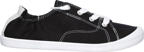 A black sneaker with white laces and a white sole.