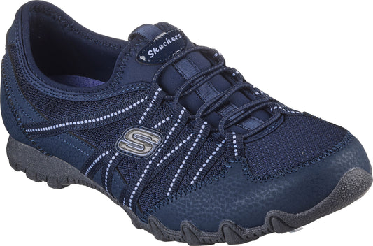 Navy blue casual shoe with bungee laces and white stitching.