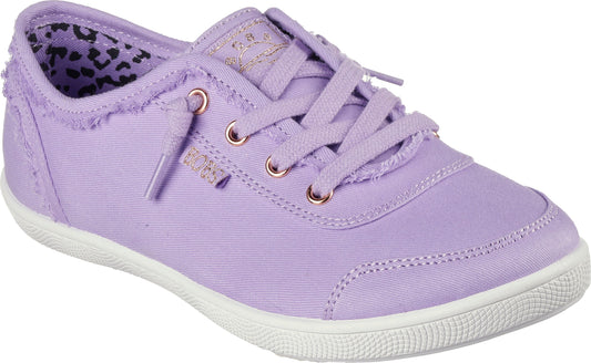 A lavender sneaker with white rubber sole and eyelets in rose gold.