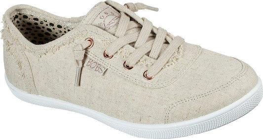 Light brown fabric sneaker with frayed edges, white sole, and BOBs logo.