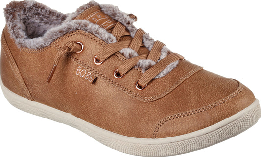 tan sneaker with fur trim and "BOBS" text