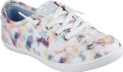 Low-profile canvas sneaker with tie-dye pattern and white laces.