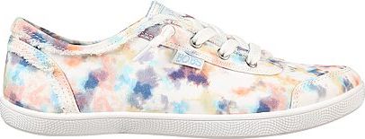 Tie-dye patterned sneaker with white laces and sole.