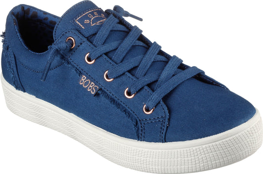 Blue canvas sneaker with white sole, lace up closure, and visible BOBS logo.