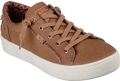 A tan canvas casual sneaker with white sole, lace-up closure, with leopard print lining.