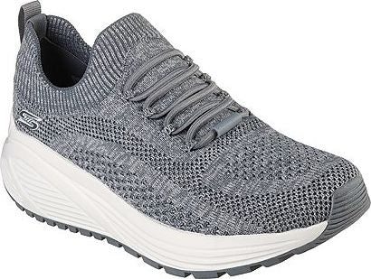 Grey knit running shoe with white midsole and grey outsole.