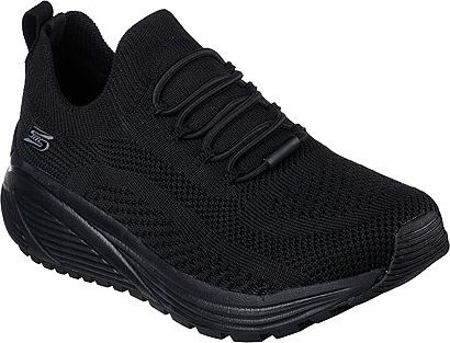 Black knit sneaker with bungee laces and thick, curved sole.