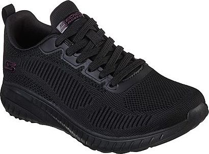 Black athletic shoe with laces.