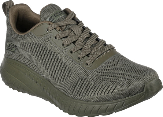 Olive green sneaker with knit upper and matching sole.