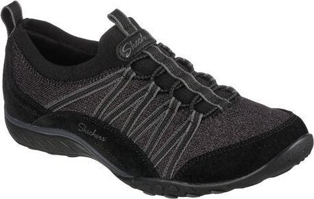 Black slip-on sneaker with bungee laces and suede accents.