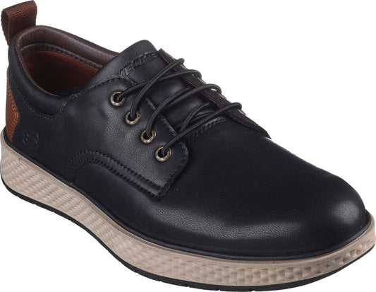 Black leather lace-up casual shoe with a contrasting brown heel and off-white sole.