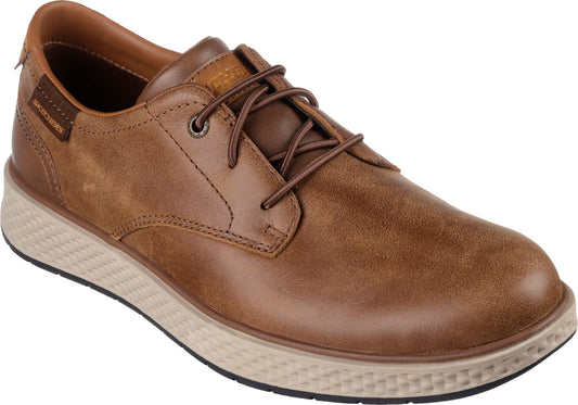 Brown leather casual shoe with laces and a thick sole.