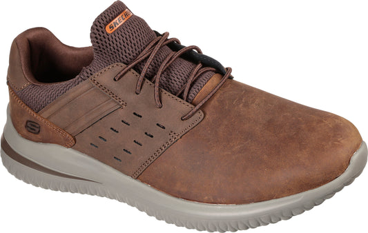 A brown walking shoe with brown laces, featuring a light gray sole and a leather-like exterior.