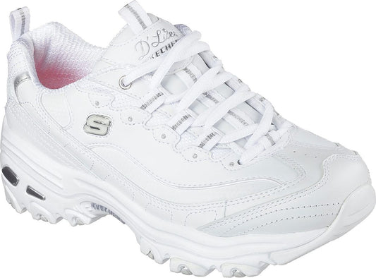 White leather D'Lites sneaker with thick rubber sole and white laces.