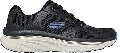 A black athletic shoe with a thick white sole.