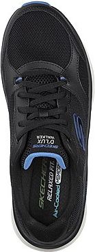 A black sneaker with "SKECHERS RELAXED FIT Air-Cooled MEMORY" and "D'LUX WALKER" in blue and white on the tongue.