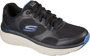 Black D'Lux Walker sneaker with a blue accent, white platform sole, and black laces.