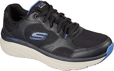 Black D'Lux Walker sneaker with a blue accent, white platform sole, and black laces.