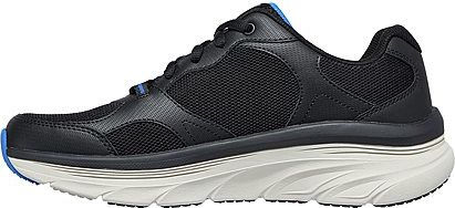 A black sneaker with a white sole, featuring black laces and mesh accents.