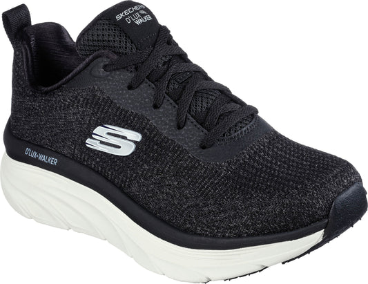 A black athletic shoe with white sole and the text "D'LUX WALKER" on the side.