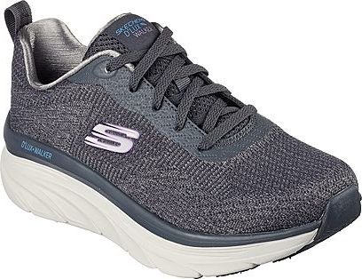 A gray sneaker with white sole, gray laces, a metallic logo, and 'DELUX WALKER' on the side.