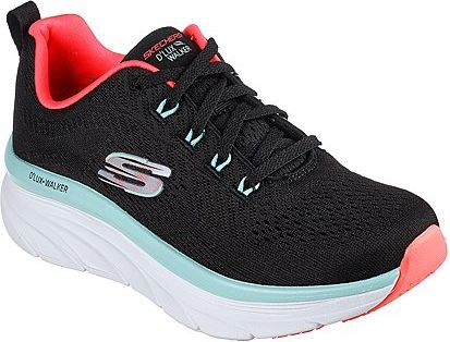 Black sneaker with neon pink interior and a white sole, D'Luxe Walker text on the side, and a silver S logo.