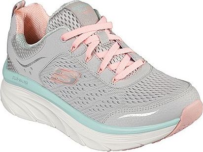 Grey walking shoe with pink laces and trim, set atop a thick white sole.