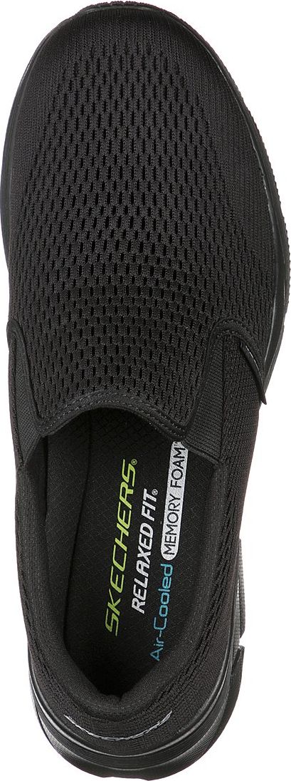 a black slip-on shoe with a mesh upper and "SKECHERS RELAXED FIT Air-Cooled MEMORY FOAM" printed on the insole