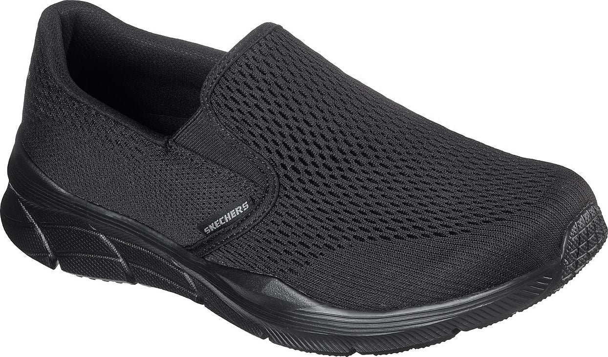 Black slip-on shoe with mesh upper and black sole, and the text "SKECHERS" on the side.