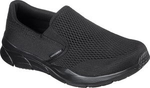 Black slip-on shoe with mesh upper and black sole, and the text "SKECHERS" on the side.