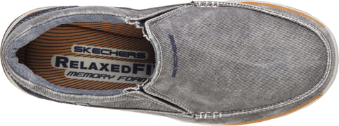 Gray canvas boat shoe with relaxed fit and memory foam.