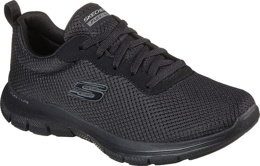 Black athletic shoe with laces and "SKECHERS FLEX-LITE" label
