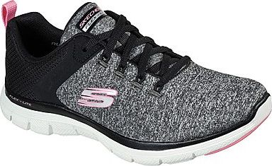 Gray sneaker with black laces, black heel, and pink accents, featuring a white midsole.