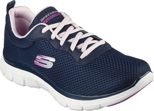 Navy mesh athletic shoe with light pink laces and a white sole featuring a pink "S" logo.