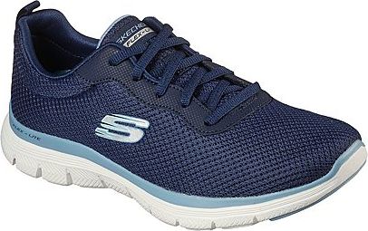A navy Flex-Lite shoe with laces and a white 'S' logo.