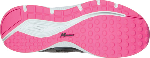 A pink shoe sole with a white design.