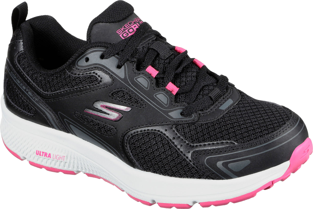 Black running shoe with pink accents and white sole.