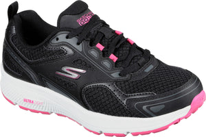 Black running shoe with pink accents and white sole.