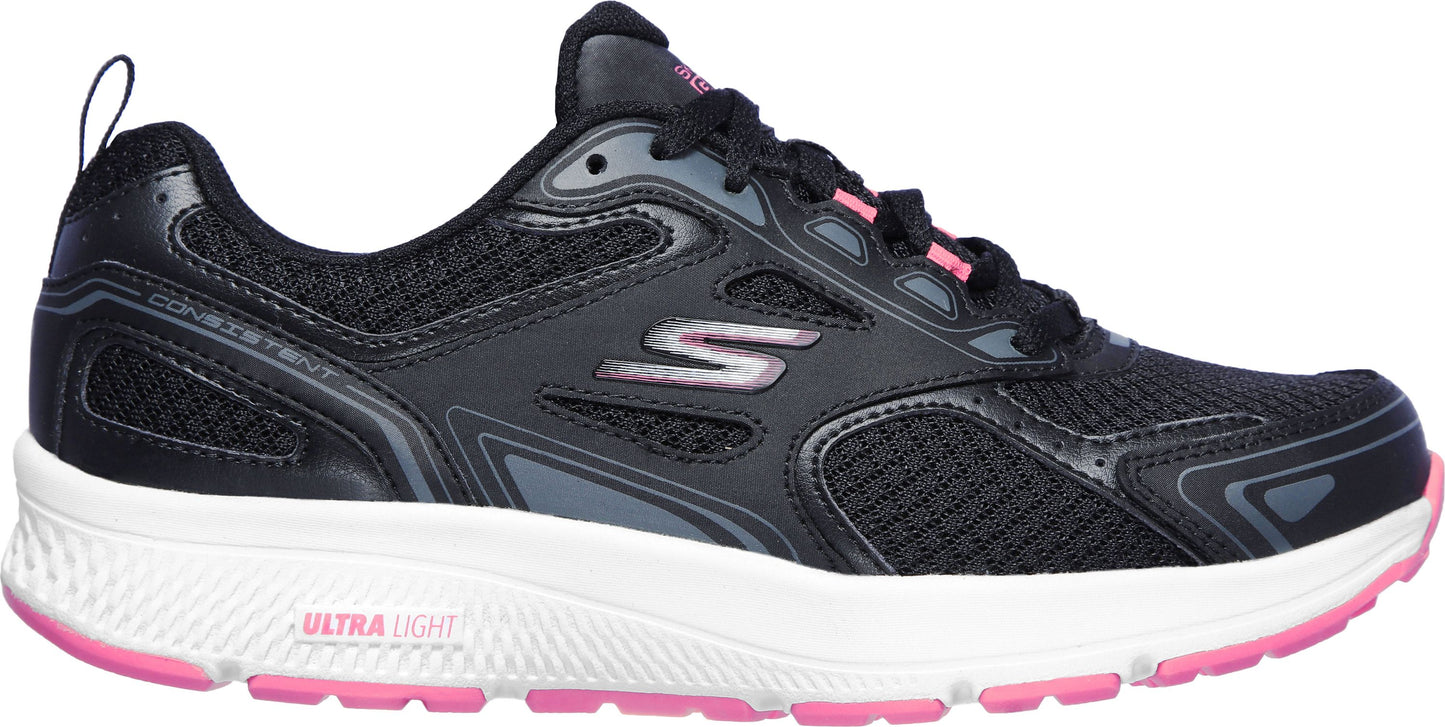 Black athletic shoe with pink accents and a white sole.
