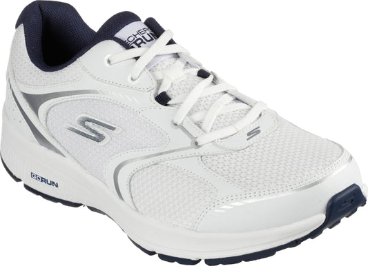 White running shoe with dark blue interior and outsole, and 'GO RUN' and 'S' logos.
